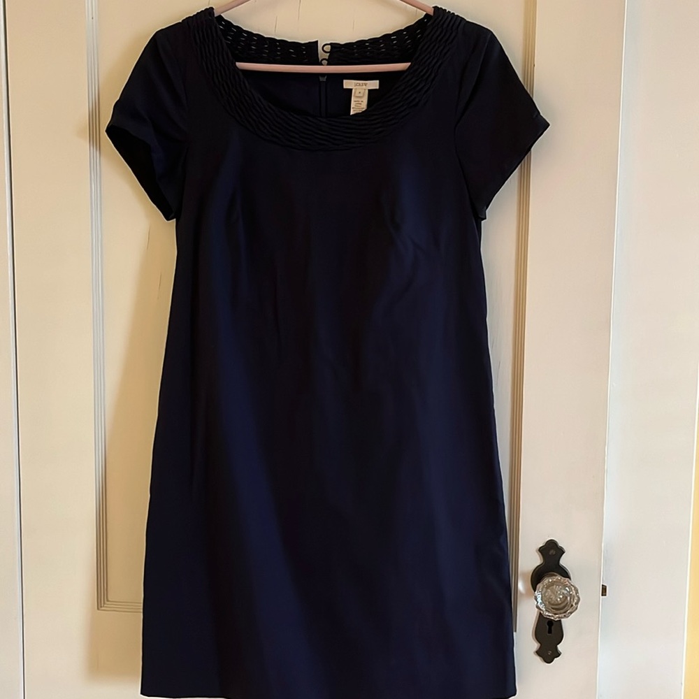 J. Crew Blue Weave Trim Neckline Short Sleeves Shift Casual Cotton Dress